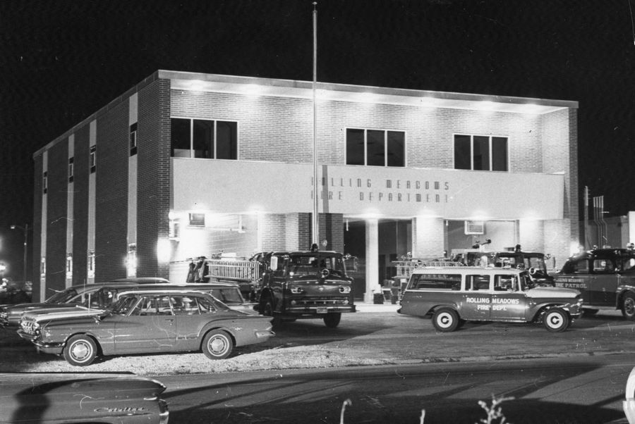 Historic - Fire Station 15 with Vehicles at night 12-1964